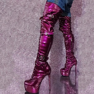 Wide Fit Size 47 Women Metallic Lace up Long Boots Extreme Slim <b>Heels</b> Platform Over the Knee Booties Buckles Dance Shoes - Product Image 2