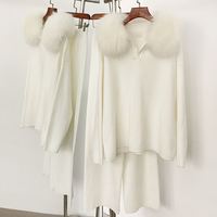 Ensemble de vêtements en tricot pour femmes, élégant et décontracté, en tricot doux, col en fourrure de renard véritable, pull chaud d'automne, pull décontracté