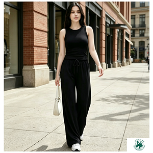 Ensemble de détente 2 pièces pour <span class=keywords><strong>femme</strong></span>, été, respirant, doux, débardeur et <span class=keywords><strong>pantalon</strong></span> large taille haute avec poches, pour l'extérieur - Product Image 1