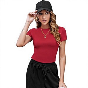 T-shirt court à col rond rouge pour femme, coupe ajustée, couleur unie, décontracté, en jersey, respirant, en coton, pour le printemps et l'été - Product Image 1