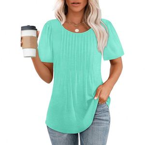 Camiseta de Verano 2025 de Manga Corta para Mujer, con Logotipo Personalizado, Cuello Redondo Informal, Blusas, Camisetas Plisadas - Product Image 4