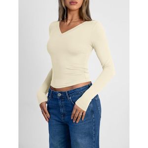 Blusa de punto ajustada con cuello en V y manga larga para mujer, estilo Y2K, para uso diario. - Product Image 3