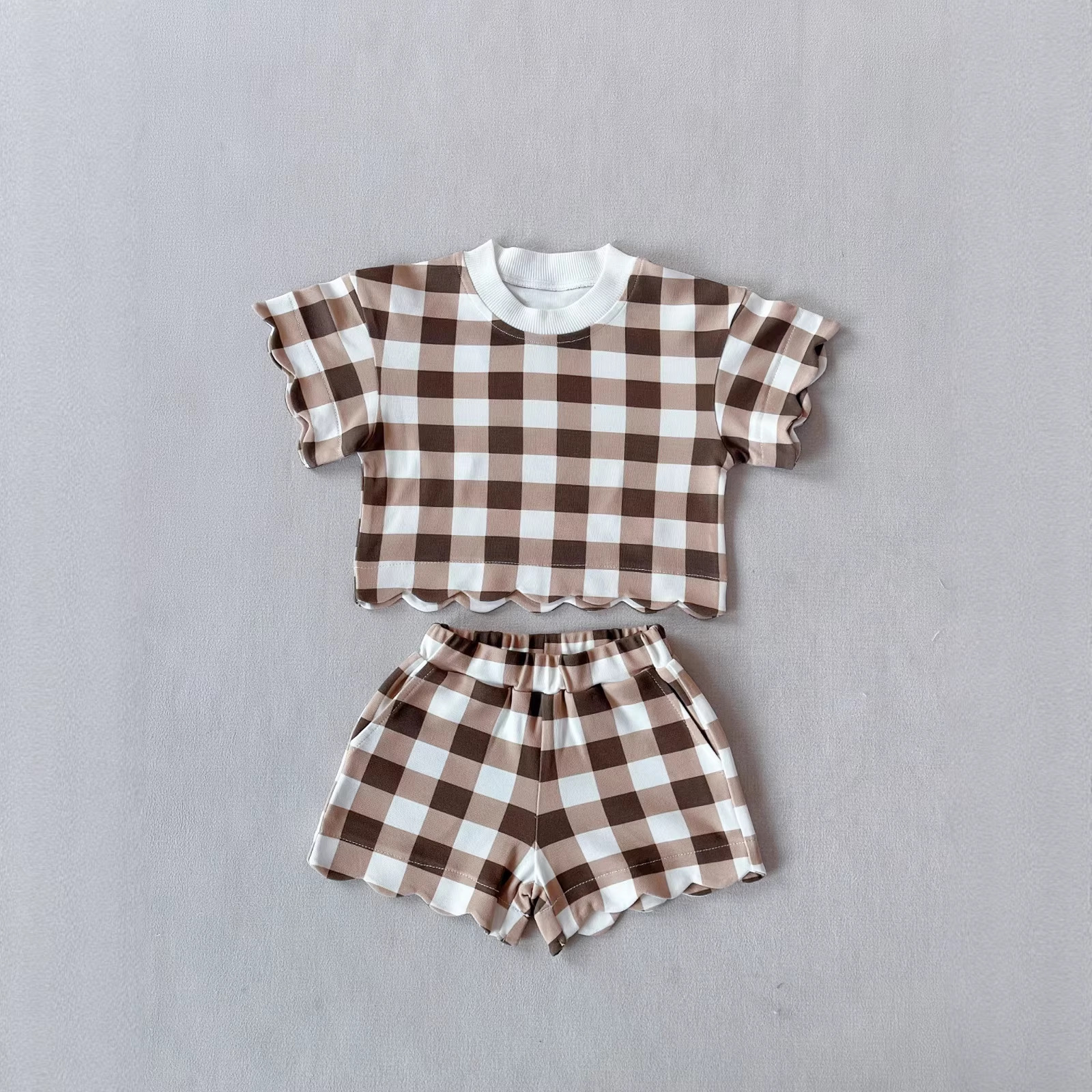 brown plaid shorts set