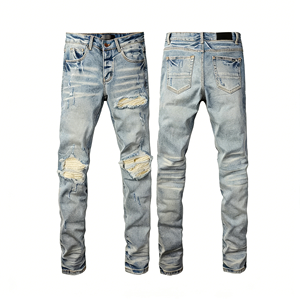 Jean slim déchiré pour homme, taille mi-haute, style motard, patchwork, denim vieilli, coupe skinny, style hip-hop - Product Image 2