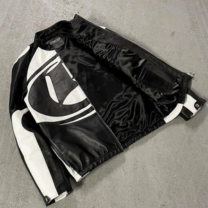 Custom Design Fashion Men's Leather <b>Jackets</b> <b>Patch</b> logo Zip up Coat Stand-up Collar Loose Cut and Sew PU Leather <b>Jacket</b> - Product Image 2