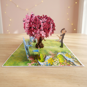 Carte de vœux 3D pop-up carrée Viet-craft, scène romantique de couple avec arbre de cerisier, thème amour pour la Saint-Valentin, origine Vietnam - Product Image 4
