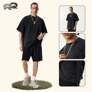 Été Américain Rétro 100% Coton Tissé 330gsm Lavage Lourd Batik Cercle Surdimensionné Plus Size Manches Courtes Ourlet Bouclé Motif Solide - Product Image 3