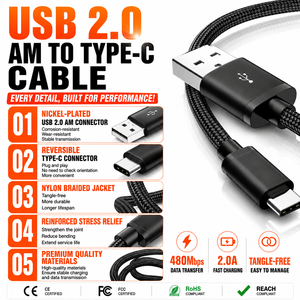LUNG KAY Câble <span class=keywords><strong>de</strong></span> Charge Personnalisé 2m 3m, Charge Rapide 3A, Câble USB-A vers USB-C pour Mobile, Câbles <span class=keywords><strong>de</strong></span> Données USB 2.0 Type-C pour <span class=keywords><strong>Scanner</strong></span> - Product Image 2