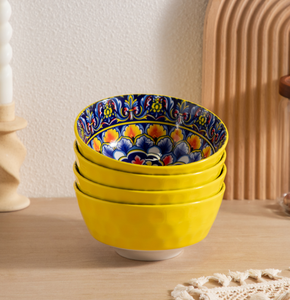 Service de table en céramique LOMATO jaune vif, imprimé floral mandala bohème, 18/24/36 pièces, texture en relief, tasses à café, assiettes - Product Image 6