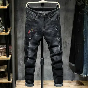 Hot Selling Mode Männer Jeans Hose Straight Camouflage Patchwork mit Bändern zerrissen Cargo Herren Skinny Jeans