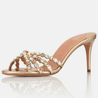 Mules à talons pour femmes ornées de cristaux, sandales à brides multiples festonnées et bijoux, vente en gros, OEM personnalisé