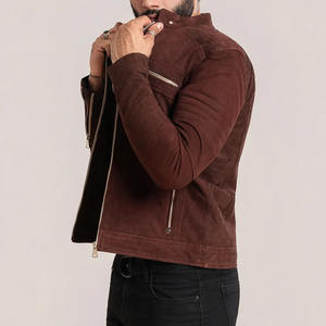 Mens Brown Suede Cafe <b>Racer</b> <b>Jacket</b> Slim Fit <b>Vintage</b> Biker Style Waterproof Zippered Streetwear Outerwear - Product Image 3