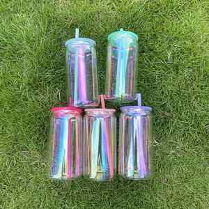 Verres à bière en forme de canette, irisés, à sublimation vierge, plaqués arc-en-ciel, 16 oz, pour impression DIY - Product Image 1