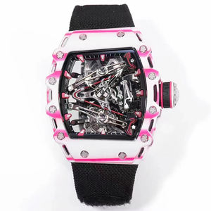 Montre automatique de luxe pour homme, cadeau de Noël, boîtier blanc dégradé rose, mouvement mécanique creux, bracelet en nylon, montre sport - Product Image 1