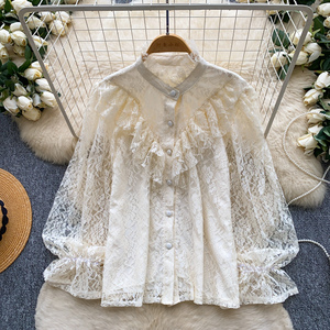 Zomerse dames <span class=keywords><strong>blouses</strong></span> met lange mouwen, kant, elegante ruffle trim, enkelrijig, opstaande kraag, slim fit - Product Image 4