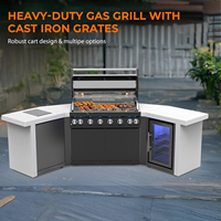 Centre de barbecue extérieur de luxe avec grill intégré, table de préparation et réfrigérateur à boissons éclairé pour terrasse