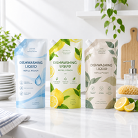 Pochettes à bec verseur personnalisées pour liquide vaisselle, sacs de recharge imprimés avec bouchon pour savon à vaisselle et produits de nettoyage ménager