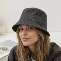 Chapeau Bob Bicolore Gris Foncé en Feutre de Laine avec Bord en Cuir Synthétique et Logo Métallique – Casquette de Pêcheur pour Femmes et Hommes OEM