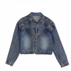 Hiromi เสื้อแจ็กเก็ตยีนส์สีน้ำเงินประดับเพชรสำหรับผู้หญิง, เสื้อแจ็กเก็ตยีนส์สุด2025ใส่ได้หลายโอกาสปกตั้งและฤดูใบไม้ร่วง - Product Image 5