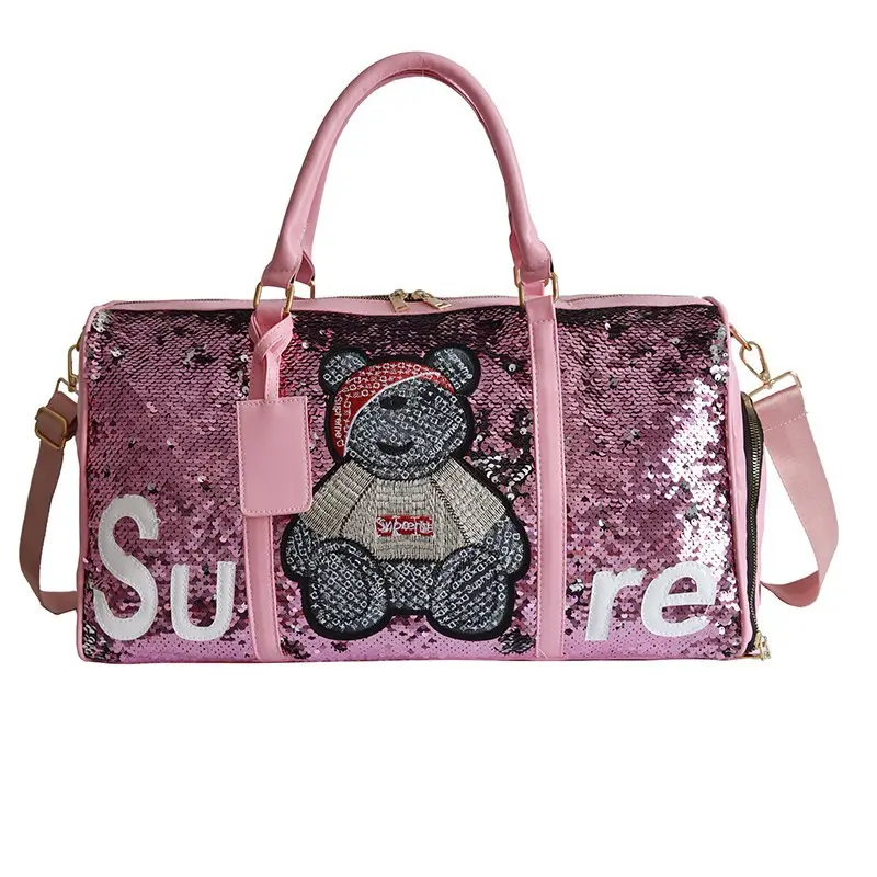 waterproof women sequins duffel gym bags custom logo design pink duffle travel bag with shoe compartment