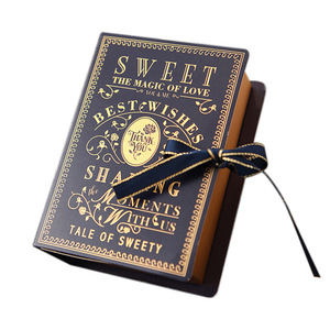 Small order quantity European style wedding souvenirs book shape navy blue empty sweets candy chocolate box with ribbon closure