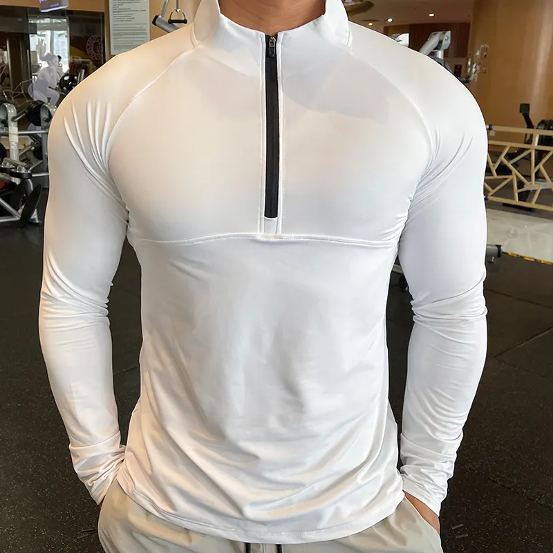 Yüksek kalite hızlı kuru erkek spor tişört spor uzun kollu koşu spor giyim sıkıştırma gömlek Zip kazak