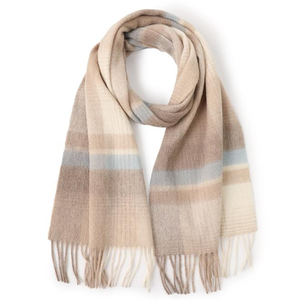 Écharpe longue respirante en mélange de laine et de cachemire à carreaux dégradés neutres pour l'automne, châle doux et chaud à carreaux avec bord à franges - Product Image 1