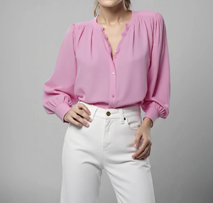 Chemisier en mousseline de coton tissé rose 100 % coton pour femme, col rond, boutonné, manches ballon trois quarts, élégant, uni, décontracté, vente en gros - Product Image 6