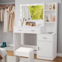 Table de maquillage de studio photo avec miroir, coiffeuse avec rangement et panneau design, table de maquillage moderne pour chambre à coucher avec éclairage, vente en gros