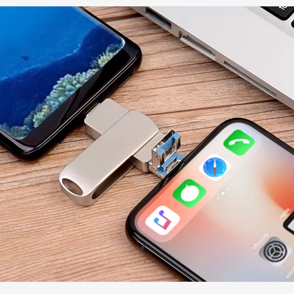 3-in-1 OTG USB Flash Drive 32GB 64GB 128GB for PC iPhone Type C Mobile Devices Metal Thumb Drive USB 3.0 Compatible IOS
