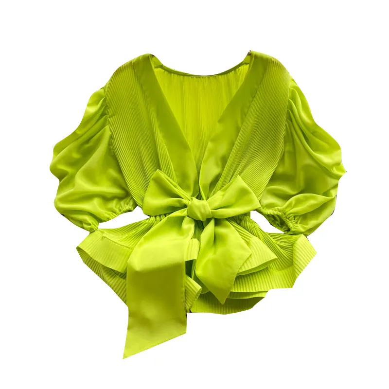 Женский топ с пышными рукавами, летние новые блузы, плиссированная короткая шифоновая рубашка на шнуровке с V-образным вырезом и коротким рукавом