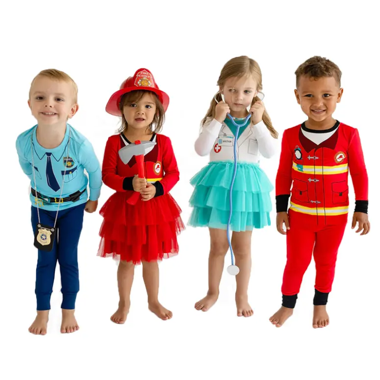 Fuyu Kids Cute Cartoon Long Sleeve Shirt and Pants Set Boys Police Firefighter Cosplay Pajamas Clothing Set