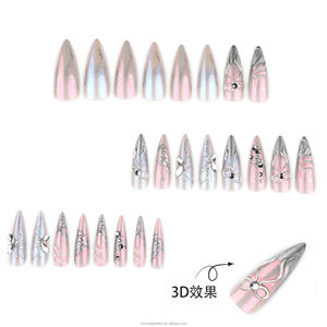 أظافر صناعية طويلة مدببة باللون الوردي والأرجواني مع فيونكة وطباعة فضية ساخنة - Product Image 3
