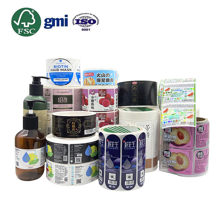 FSC GMI Custom Printing Logo Cosmetic Food Packaging Bottle Jars Labels Biodegradable Paper PVC Vinyl Waterproof Stickers Roll