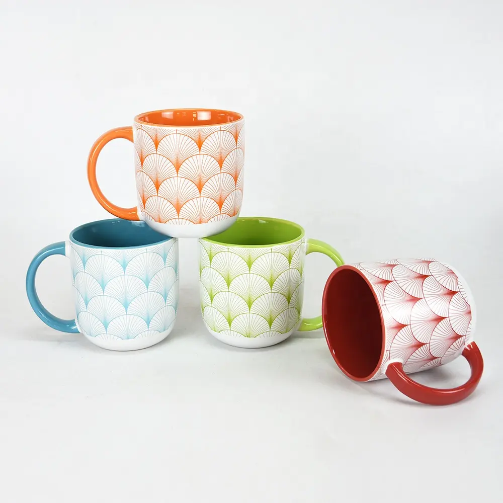 Taza con forma de vientre de dos tonos de 18OZ con mango de color de calcomanía completa, Taza de cerámica para café y té de la leche