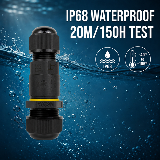 IP68 Cable Connector ENEC Straight 1-in-2-Out Black Nylon PA66 IP68 Waterproof Wire Connector for Outdoor Use.