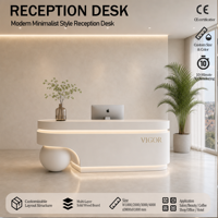 Comptoir de réception incurvé moderne avec éclairage LED, comptoir d'accueil blanc de luxe avec base sphérique pour salon et bureau