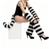 Ensemble trois pièces queue de chat du Cheshire en peluche rayé bleu et noir pour jeu de rôle et fête d'Halloween