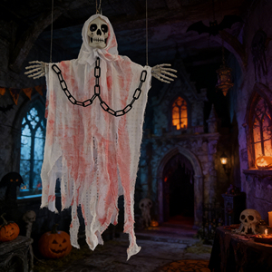 Pafu - Fantasma Colgante de Halloween de 80x50cm, con Cadena de Tela Roja Ensangrentada, Decoración para Casa Embrujada, Jardín y Patio - Product Image 4