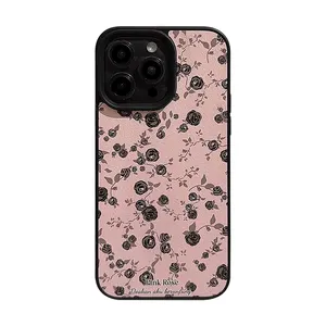 黑玫瑰小花粉色pu皮手机保护套适用于iphone 15 pro 14 plus 14 pro 13 pro max 12 11