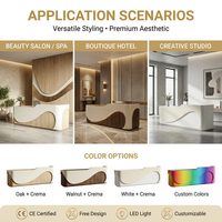 Comptoir de réception LED en bois ondulé de luxe léger avec incrustations, idéal pour salon de beauté, bureau, boutique de vêtements, spa