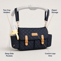 Sac à langer de voyage personnalisé en nylon de haute qualité avec porte-gobelets et bretelles, organisateur de poussette suspendu pour bébé noir