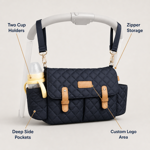 กระเป๋าใส่ผ้าอ้อมสำหรับเด็กสีดำพร้อมที่วางแก้วสายรัดไหล่ทำจากไนลอน - Product Image 1