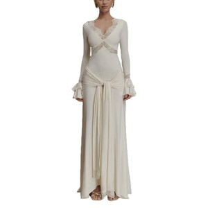 Abito <span class=keywords><strong>Bianco</strong></span> Casual con Inserti in <span class=keywords><strong>Pizzo</strong></span>, <span class=keywords><strong>Maniche</strong></span> Svasate e Nastri Fluidi, <span class=keywords><strong>Vestito</strong></span> da Sera Aderente con Gonna Lunga per Donne - Product Image 5