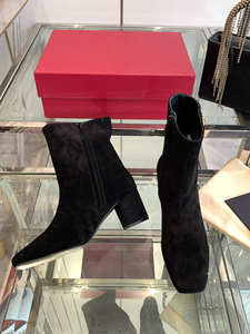 Black Suede Square Toe Ankle <b>Boots</b> with Side Zipper Elegant Mid Heel <b>Boots</b> for Women - Product Image 5