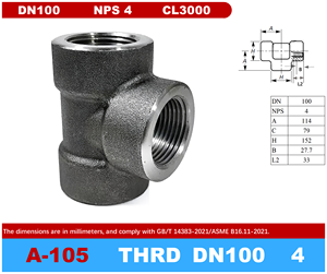 Raccord en T fileté ASME B16.11 ASTM A105 CL3000 haute pression, surface lisse forgée, filetage NPT, DN100 NPS 4 pouces - Product Image 2
