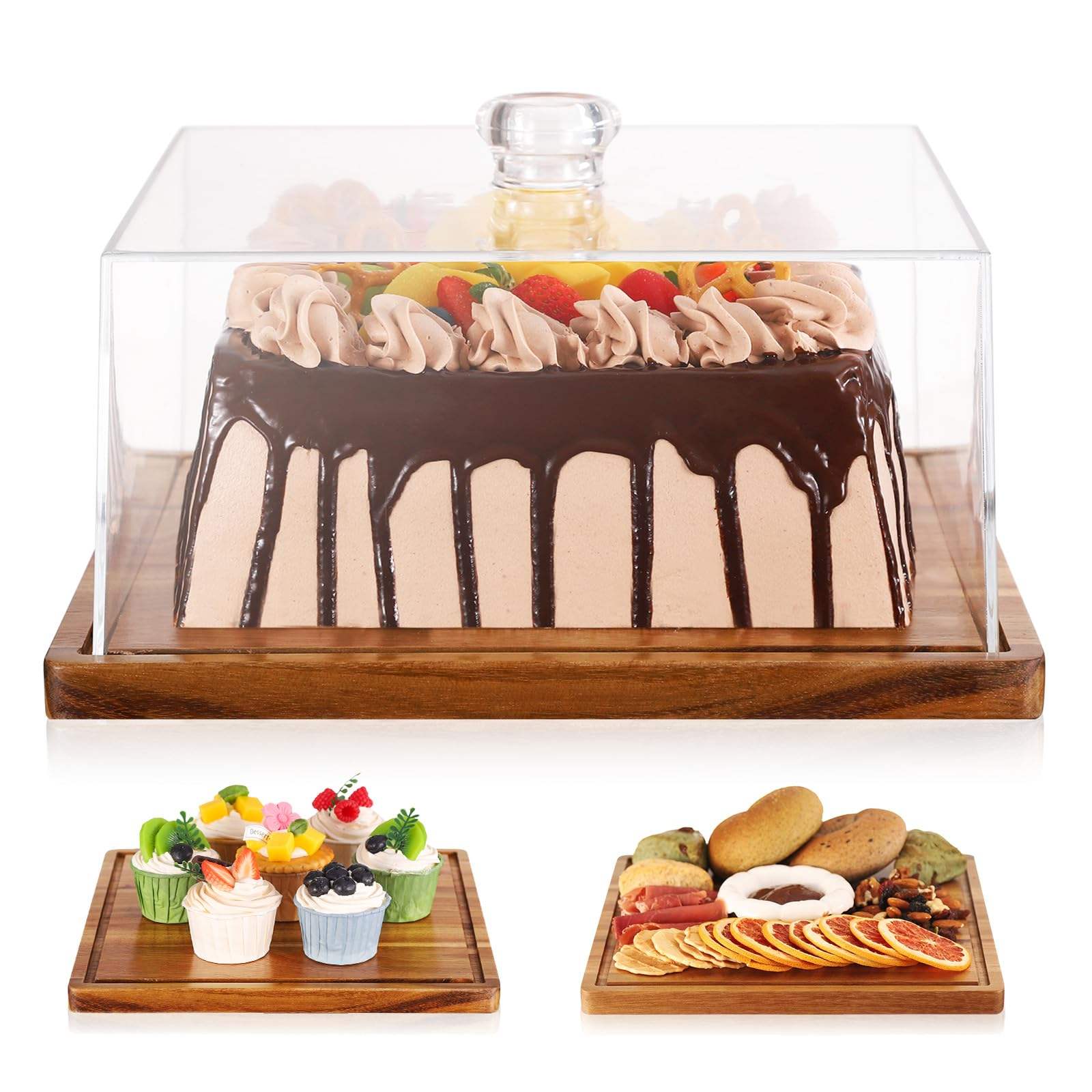 Wholesale Acacia Wood Cake Stand With Lid,Wooden Rectangular Cake Holder  ,Acacia Dessert Table Display Charcuterie Board
