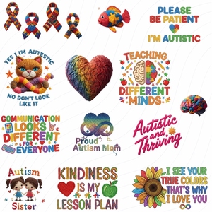 Más de 70 diseños de transferencia DTF de hilo sintético <span class=keywords><strong>para</strong></span> concienciación sobre el autismo, pegatinas termoadhesivas de bordado sintético <span class=keywords><strong>para</strong></span> el autismo, impresiones DTF listas <span class=keywords><strong>para</strong></span> planchar por transferencia térmica - Product Image 2