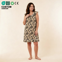 Chemise de nuit une pièce pour femme, imprimé floral, bleu marine, avec volants et bordure en dentelle, longueur genou, pour l'été, tenue d'intérieur