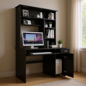 Scrivania per computer nera con vano porta tastiera, pannello porta CPU, ripiani multipli e un cassetto - Product Image 2